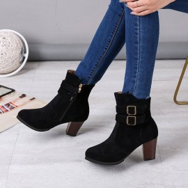 Plus Size Women Buckle High Heel Zipper Short Boots