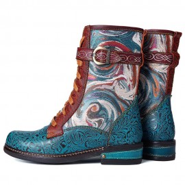 Embossed Genuine Leather Splicing Fancy Pattern Lace Up Zipper Flat Short Boots