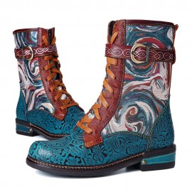 Embossed Genuine Leather Splicing Fancy Pattern Lace Up Zipper Flat Short Boots