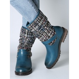 Women Winter Splicing Buckle Strap Flat Long Boots