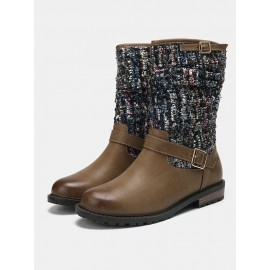 Women Winter Splicing Buckle Strap Flat Long Boots