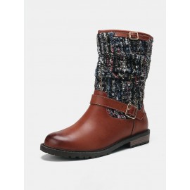 Women Winter Splicing Buckle Strap Flat Long Boots