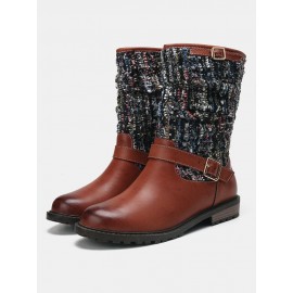 Women Winter Splicing Buckle Strap Flat Long Boots