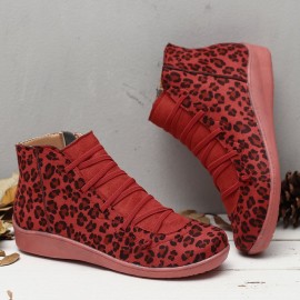 Large Size Leopard Suede Slip On Side Zipper Casual Flat Ankle Boots