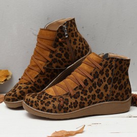 Large Size Leopard Suede Slip On Side Zipper Casual Flat Ankle Boots