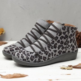 Large Size Leopard Suede Slip On Side Zipper Casual Flat Ankle Boots