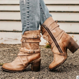 Large Size Women Motorcycle Buckle Strappy Zipper High Heel Middle Boots