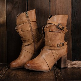 Large Size Women Motorcycle Buckle Strappy Zipper High Heel Middle Boots