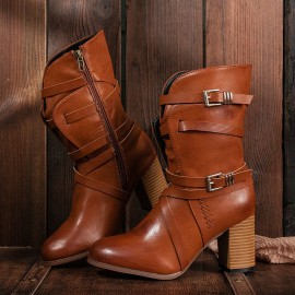 Large Size Women Motorcycle Buckle Strappy Zipper High Heel Middle Boots