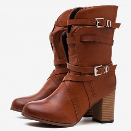 Large Size Women Motorcycle Buckle Strappy Zipper High Heel Middle Boots