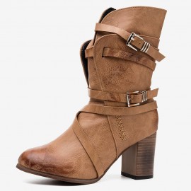 Large Size Women Motorcycle Buckle Strappy Zipper High Heel Middle Boots