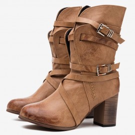 Large Size Women Motorcycle Buckle Strappy Zipper High Heel Middle Boots