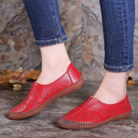 Women Cow Split Leather Hollow Out Breathable Soft Non Slip Women\'s Casual Loafers