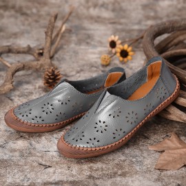 Women Cow Split Leather Hollow Out Breathable Soft Non Slip Women\'s Casual Loafers