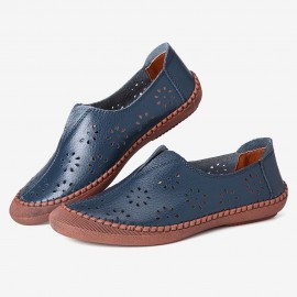 Women Cow Split Leather Hollow Out Breathable Soft Non Slip Women\'s Casual Loafers
