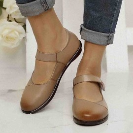 Women Comfy Round Toe Soft Leather Hook Loop Flats