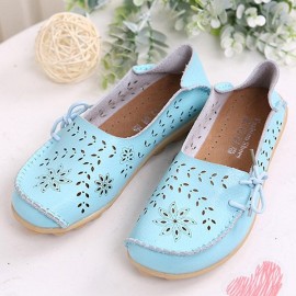 Big Size Leather Hollow Out Floral Breathable Soft Comfy Lace Up Flat Shoes