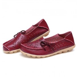 Big Size Leather Hollow Out Floral Breathable Soft Comfy Lace Up Flat Shoes