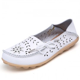 Big Size Leather Hollow Out Floral Breathable Soft Comfy Lace Up Flat Shoes