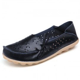 Big Size Leather Hollow Out Floral Breathable Soft Comfy Lace Up Flat Shoes