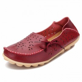 Big Size Leather Hollow Out Floral Breathable Soft Comfy Lace Up Flat Shoes