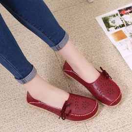 Big Size Leather Hollow Out Floral Breathable Soft Comfy Lace Up Flat Shoes