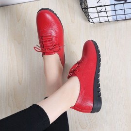 Women Lace-up Leather Solid Color Soft Sole Flat Shoes