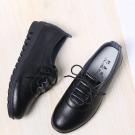 Women Lace-up Leather Solid Color Soft Sole Flat Shoes