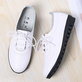 Women Lace-up Leather Solid Color Soft Sole Flat Shoes