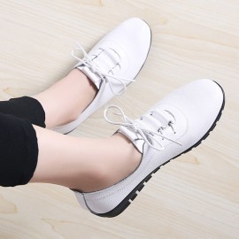 Women Lace-up Leather Solid Color Soft Sole Flat Shoes