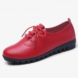 Women Lace-up Leather Solid Color Soft Sole Flat Shoes