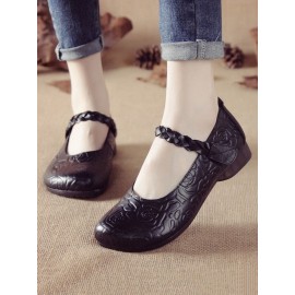 Women Retro Ethnic Soft Comfy Genuine Leather Handmade Woven Hook & Loop Mary Jane Printed Flats