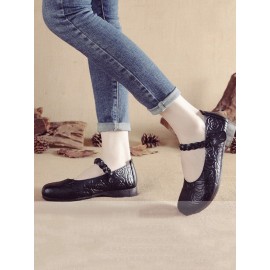 Women Retro Ethnic Soft Comfy Genuine Leather Handmade Woven Hook & Loop Mary Jane Printed Flats