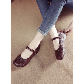 Women Retro Ethnic Soft Comfy Genuine Leather Handmade Woven Hook & Loop Mary Jane Printed Flats