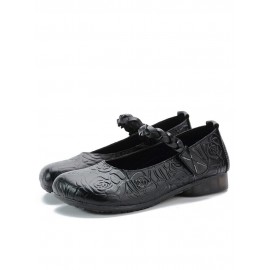 Women Retro Ethnic Soft Comfy Genuine Leather Handmade Woven Hook & Loop Mary Jane Printed Flats