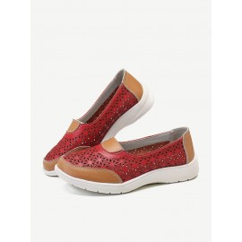 Women Hollow Leather Slip On Solid color Soft Sole Flats Shoes