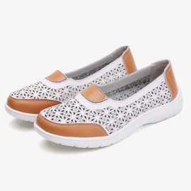 Women Hollow Leather Slip On Solid color Soft Sole Flats Shoes