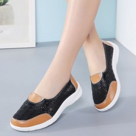 Women Hollow Leather Slip On Solid color Soft Sole Flats Shoes