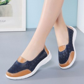 Women Hollow Leather Slip On Solid color Soft Sole Flats Shoes