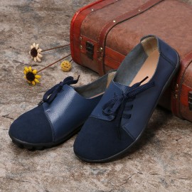 Large Size Women Casual Soft Lightweight Splicing Leather Lace Up Flats Loafers