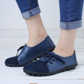 Large Size Women Casual Soft Lightweight Splicing Leather Lace Up Flats Loafers
