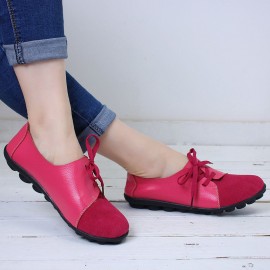 Large Size Women Casual Soft Lightweight Splicing Leather Lace Up Flats Loafers
