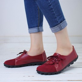 Large Size Women Casual Soft Lightweight Splicing Leather Lace Up Flats Loafers