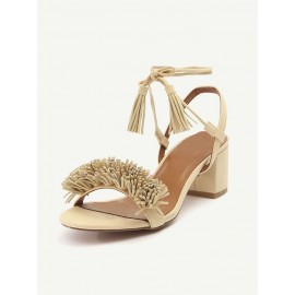 Tassel Vintage Retro Chic Lace Up Peep Toe Square Heel Sandals