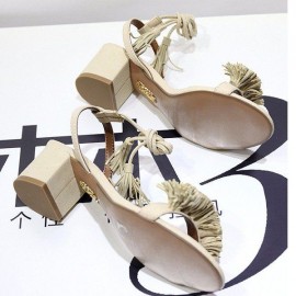 Tassel Vintage Retro Chic Lace Up Peep Toe Square Heel Sandals