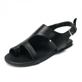 Plus Size Women Casual Clip Toe Hollow Black Buckle Flat Sandals