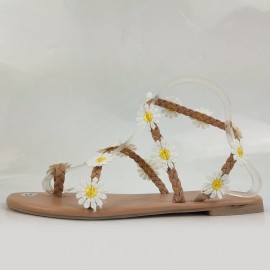 Women Braided Strap Flowers Decor Comfy Clip Toe Beach Sandals