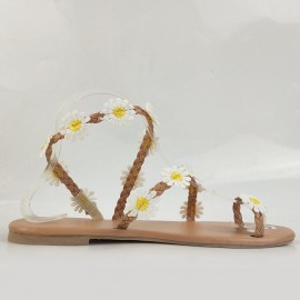 Women Braided Strap Flowers Decor Comfy Clip Toe Beach Sandals
