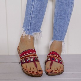 Beaded Flip Flops Flower Printing  Clip Toe Beach Sandals