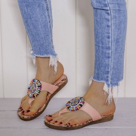 Beaded Flip Flops Flower Printing  Clip Toe Beach Sandals